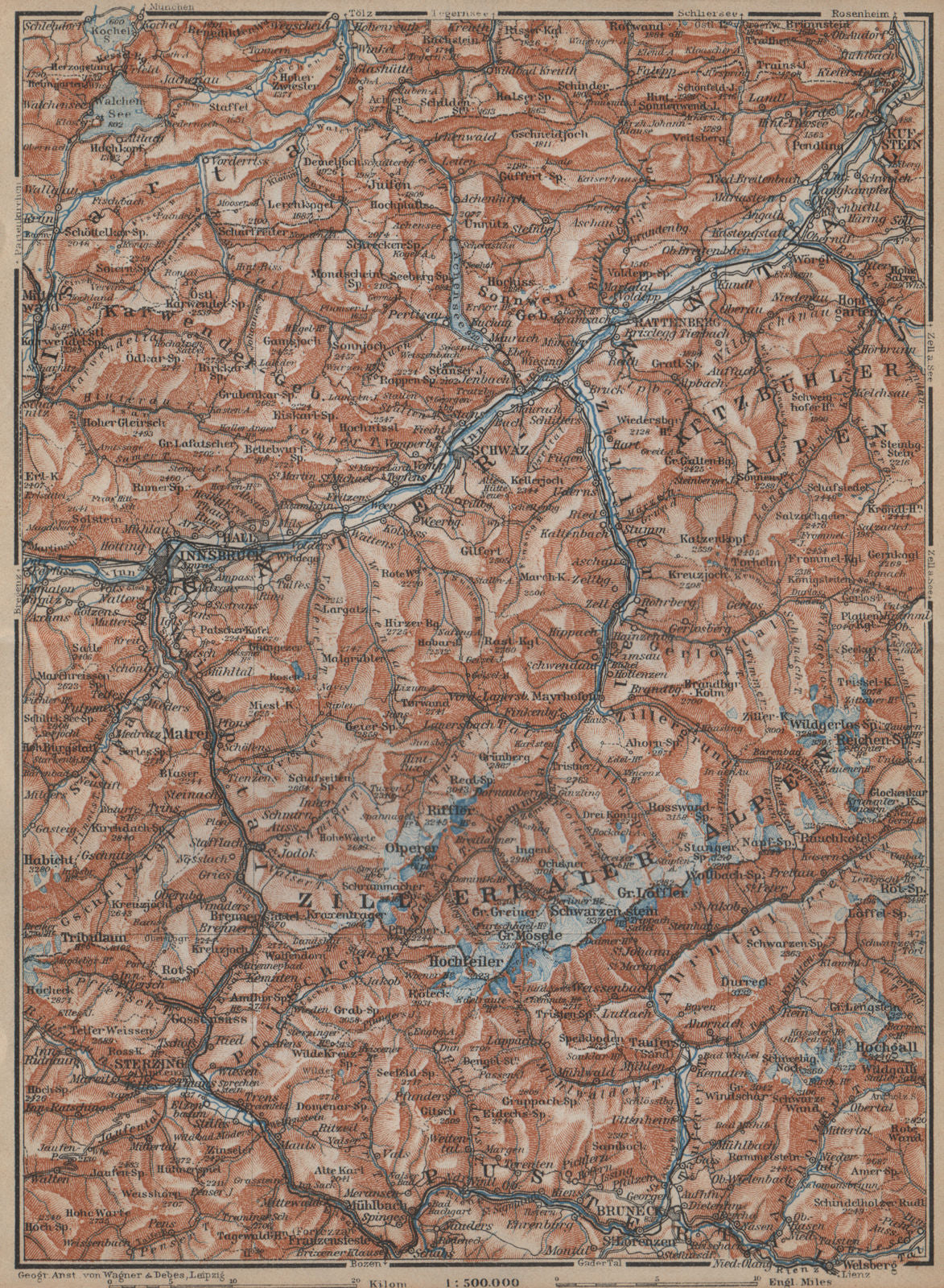 ZILLERTHAL/PUSTERTHAL. Igls Mayrhofen Söll Gerlos Oberau Brixen Fügen 1929 map